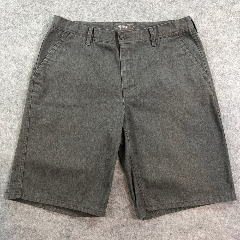 Freeworld Mens Chino Shorts 34 Gray Regular Fit Mid Rise Chambray Denim Bermuda